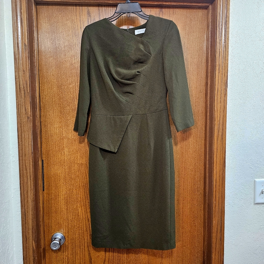 The Fold London Olive Green Asymmetric Sheath Dress Size 10